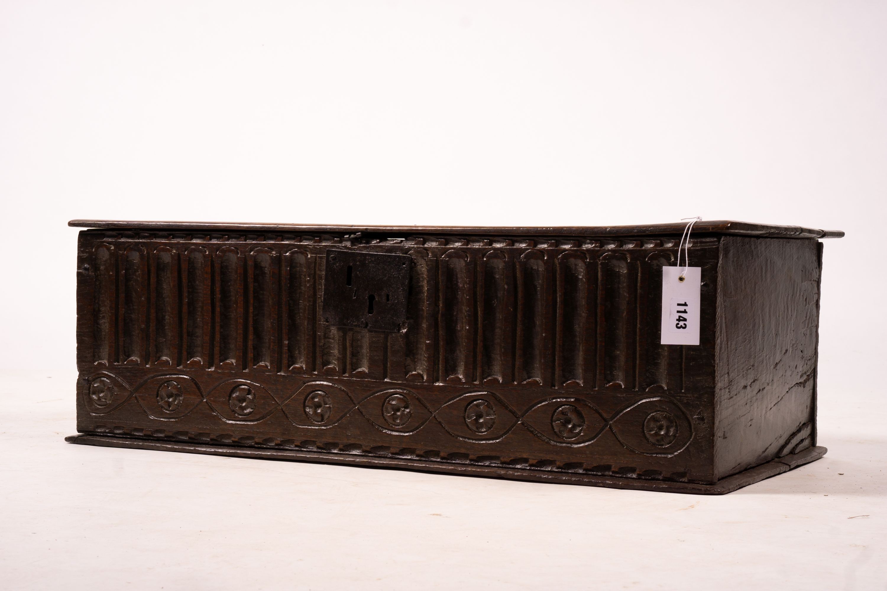 A 17th century rectangular carved oak bible box, W.74cm D.40cm H.25cm